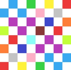 Fondo abstracto de formas cuadriculadas alternas con forma de ajedrez y tonos blancos y multicolor, incluyendo azul, verde, amarillo, rojo y lila