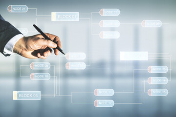 Multi exposure of developer hand with pen working with abstract programming language hologram on...