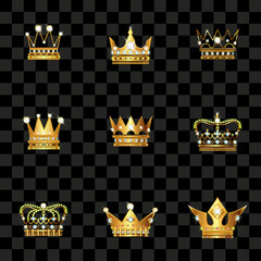 Group of the shiny golden king and queen crowns on a black chessy square background