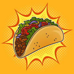 Taco traditional Mexican food pinup pop art retro raster illustration. Comic book style imitation.