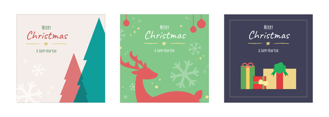 Christmas square card set. Merry Christmas and Happy New year card. Illustration, vector, background. Postcard, poster, book cover, banner, invitation. Minimal design. Reindeer, Christmas tree, gifts.