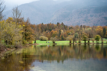 autumn landscape with lake and mountains