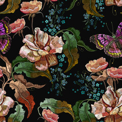 Embroidery. Butterflies, autumn pink roses, meadows herbs and colorful hyacinths flowers. Template for design of clothes, tapestry. Garden art. Fashion seamless pattern - 542402092