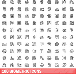 100 biometric icons set. Outline illustration of 100 biometric icons vector set isolated on white background