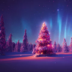 Selbstklebende Fototapeten Winter christmas landscape. Magical fairy light. Christmas tree. Winter starry sky © Aquir
