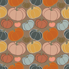 Seamless Pumpkin pattern, Flat design pumpkin ornament,  Multicolored pumpkins background,.Halloween wallpaper, Thankgiving wrapping paper design, Autumn seamless print