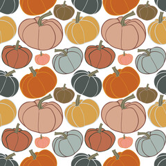 Seamless Pumpkin pattern, Flat design pumpkin ornament,  Multicolored pumpkins background,.Halloween wallpaper, Thankgiving wrapping paper design, Autumn seamless print