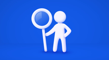 3d white cartoon man holding big magnifying glass. Analyze concept. Isolated blue background.