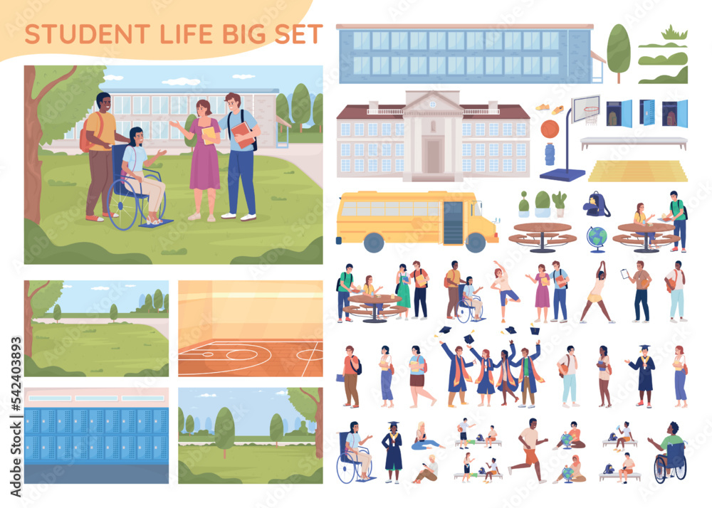 Poster student life 2d vector isolated illustrations big set. flat characters, objects with cartoon backgro