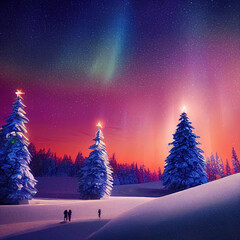 Winter christmas landscape. Magical fairy light. Christmas tree. Winter starry sky