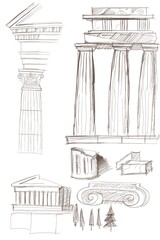Ancient rome architecture greece sketch temple colonnade columns portico hand drawn separately on a white background elements antiquity architectural monuments