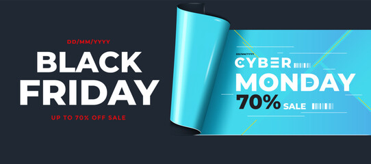 Black Friday sale poster or commercial discount event banner on black background with with curved rolled edge. Social media template for website and mobile website development, email and newsletter de
