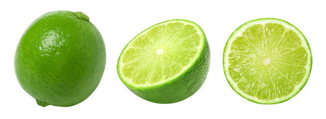 Fresh lime slice, and half isolated on white background, collection, cut out.