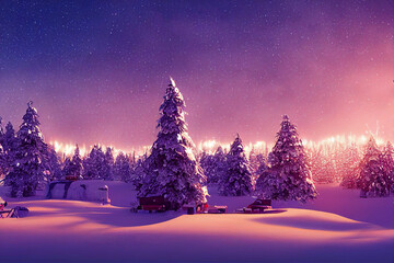 Winter christmas landscape. Magical fairy light. Christmas tree. Winter starry sky