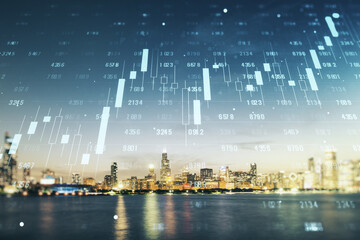 Multi exposure of creative statistics data hologram on Chicago skyscrapers background, stats and analytics concept