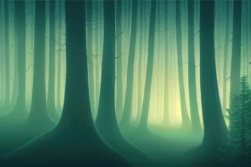 Zelfklevend Fotobehang Morning in the spruce forest, deer in a clearing,digital drawing © LukaszDesign