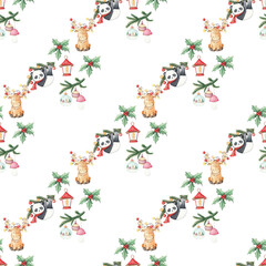 Beautiful winter seamless pattern with watercolor cute animals. Panda, puppy, deer, penguin, rabbit. New Year, tree. For the of gift wrapping, design of fabrics and textiles, invitations, paper