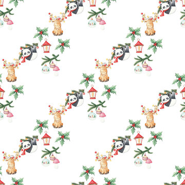 Beautiful winter seamless pattern with watercolor cute animals. Panda, puppy, deer, penguin, rabbit. New Year, tree. For the of gift wrapping, design of fabrics and textiles, invitations, paper