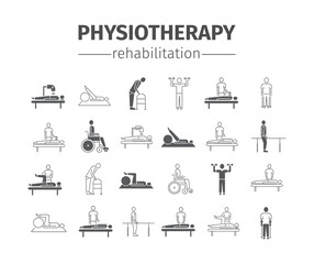 Thin line icons for physiotherapy, rehabilitation center.