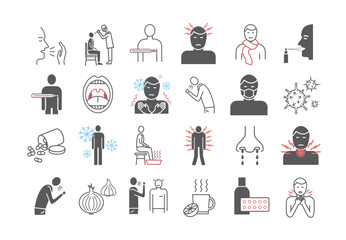 Common cold. Flu season. Symptoms, Treatment. Line icons set. Vector signs for web graphics.