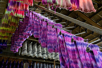 Fototapeta na wymiar 様々な色に染められた繊維を工場内で乾燥するためにコンベアで運んでいる