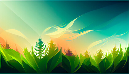 Futuristic forest landscape. The tops of the trees emerge from the mist. Beautiful, calm composition.