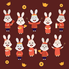 New Year 2023 rabbit set. Cartoon bunnies in traditional Chinese costumes. Set of rabbits with gold and money for congratulation card, banner, poster. Translation: Happy Chinese New Year. Vector.