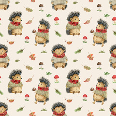 Seamless watercolor pattern with cute hedgehogs in a sweater and scarf, with autumn leaves and mushrooms. Autumn ornament with hedgehogs and autumn leaves hand-drawn for children's fabric © Anche Panche