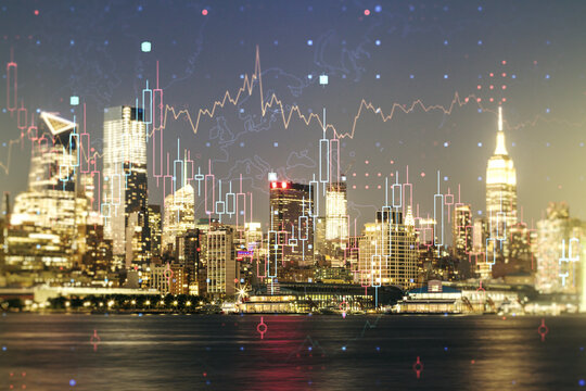 Double exposure of abstract creative financial chart hologram on New York skyscrapers background, research and strategy concept