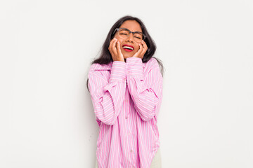 Young Indian woman isolated on white background whining and crying disconsolately.