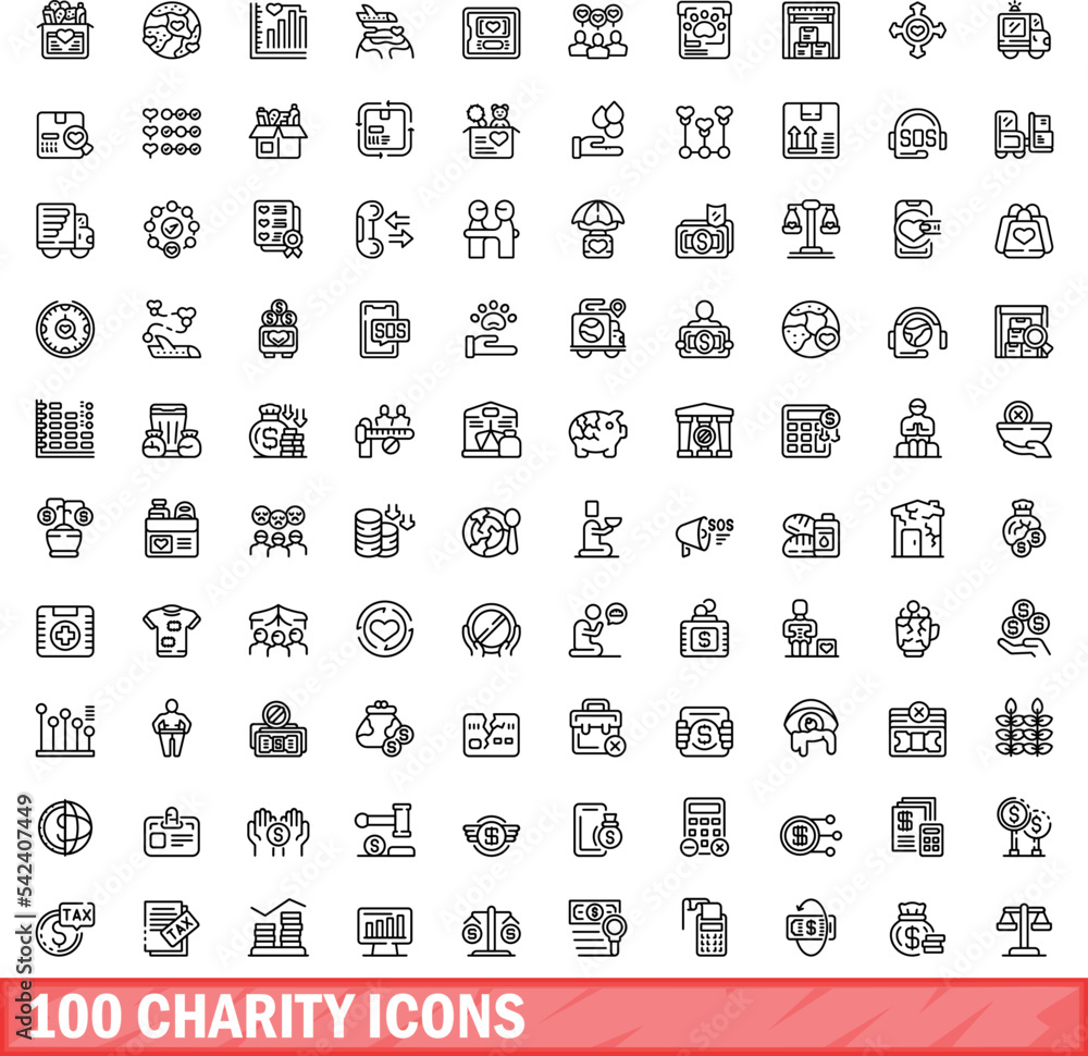 Wall mural 100 charity icons set. outline illustration of 100 charity icons vector set isolated on white backgr - Wall murals