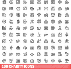 100 charity icons set. Outline illustration of 100 charity icons vector set isolated on white background