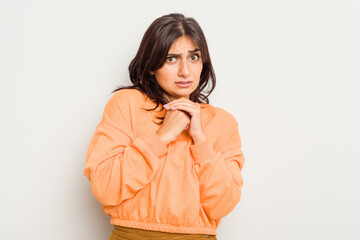Young Indian woman isolated on white background scared and afraid.