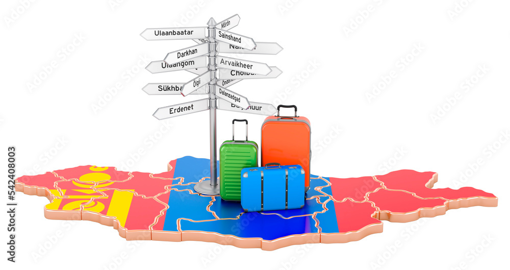 Aufkleber mongolia travel concept. mongolian flag on map with suitcases and signpost, 3d rendering