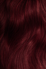 Dark red hair close-up as a background. Women's long brown hair. Beautifully styled wavy shiny curls. Coloring hair with bright shades. Hairdressing procedures, extension.