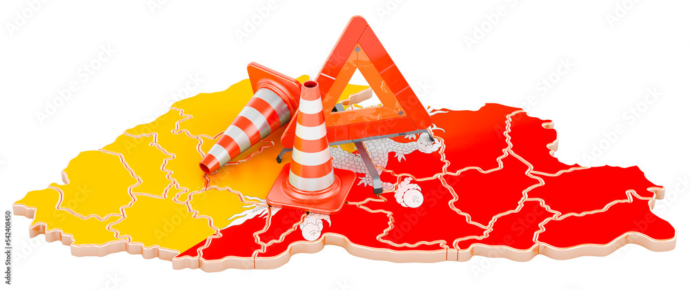 Poster bhutanese map with traffic cones and warning triangle, 3d rendering