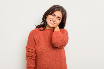 Young Indian woman isolated on white background suffering neck pain due to sedentary lifestyle.