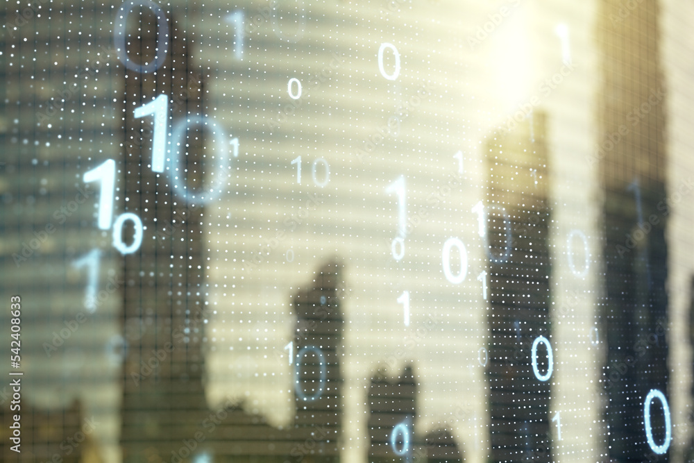 Leinwandbilder abstract virtual binary code hologram on modern architecture background, ai and machine learning con