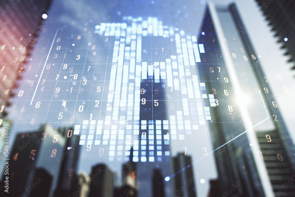 Poster virtual bitcoin sketch on modern architecture background. double exposure