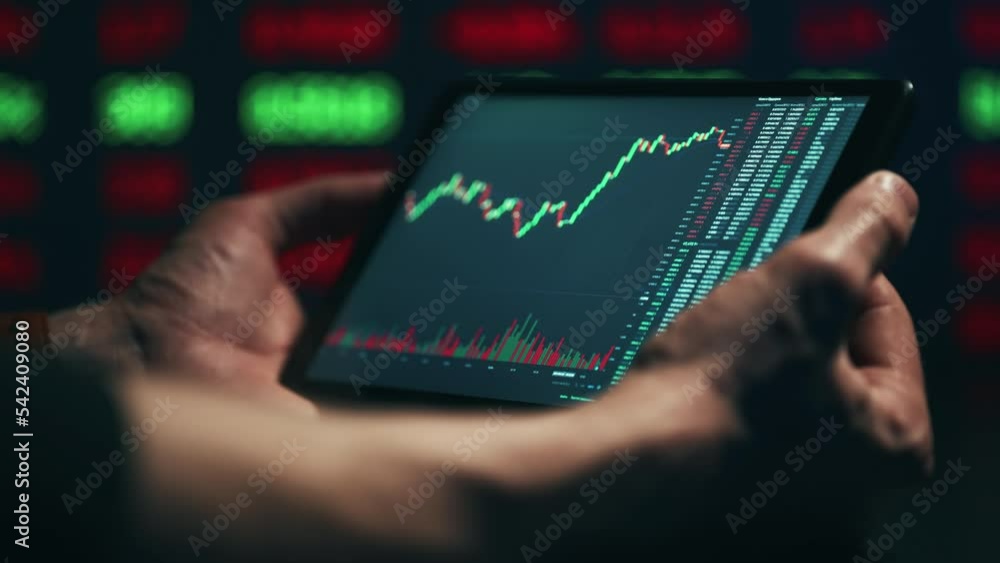 Poster stock market candles and information of exchange with data of price on the tablet screen. financial 