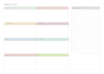 A weekly plan design template in a modern, simple, and minimalist style. Note, scheduler, diary, calendar, planner document template illustration.