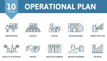 Operational Plan icon set. Monochrome simple Operational Plan icon collection. Presentation, Audiece, Capital, Business Model, Marketing Plan, Conflict Of Interest, Grants, Executive Summary, Mission