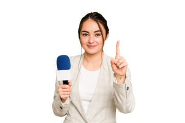 Young TV presenter caucasian woman isolated on green chroma background showing number one with finger.