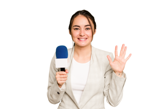 Young TV presenter caucasian woman isolated on green chroma background smiling cheerful showing number five with fingers.