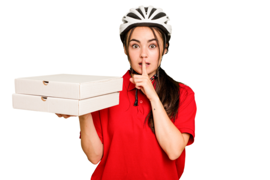 Young caucasian delivery woman holding a pizzas isolated on green chroma background keeping a secret or asking for silence.