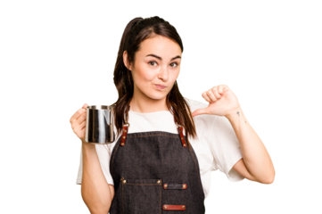 Young barista woman isolated on green chroma background feels proud and self confident, example to follow.