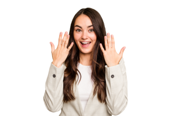 Young caucasian woman isolated on green chroma background showing number ten with hands.
