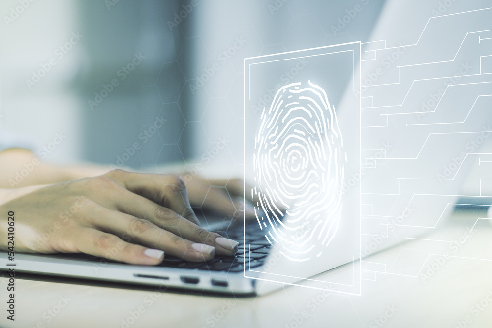 Aufkleber Multi exposure of creative fingerprint hologram with hands typing on computer keyboard on background, personal biometric data concept