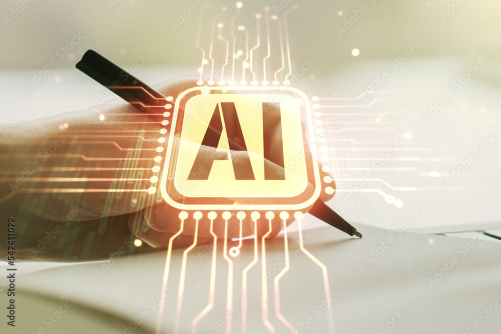 Aufkleber creative artificial intelligence symbol concept with man hand writing in notebook on background. mul