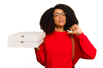 Young student african american woman holding pizzas on isolated feels proud and self confident, example to follow.